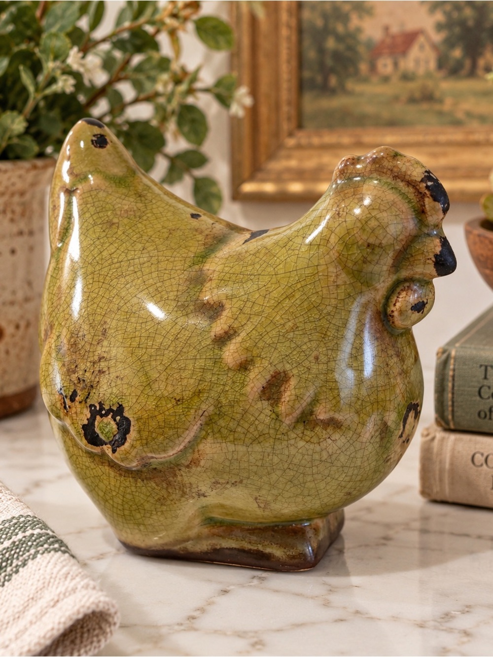 Green Ceramic Hen Figurine Decorative Accent